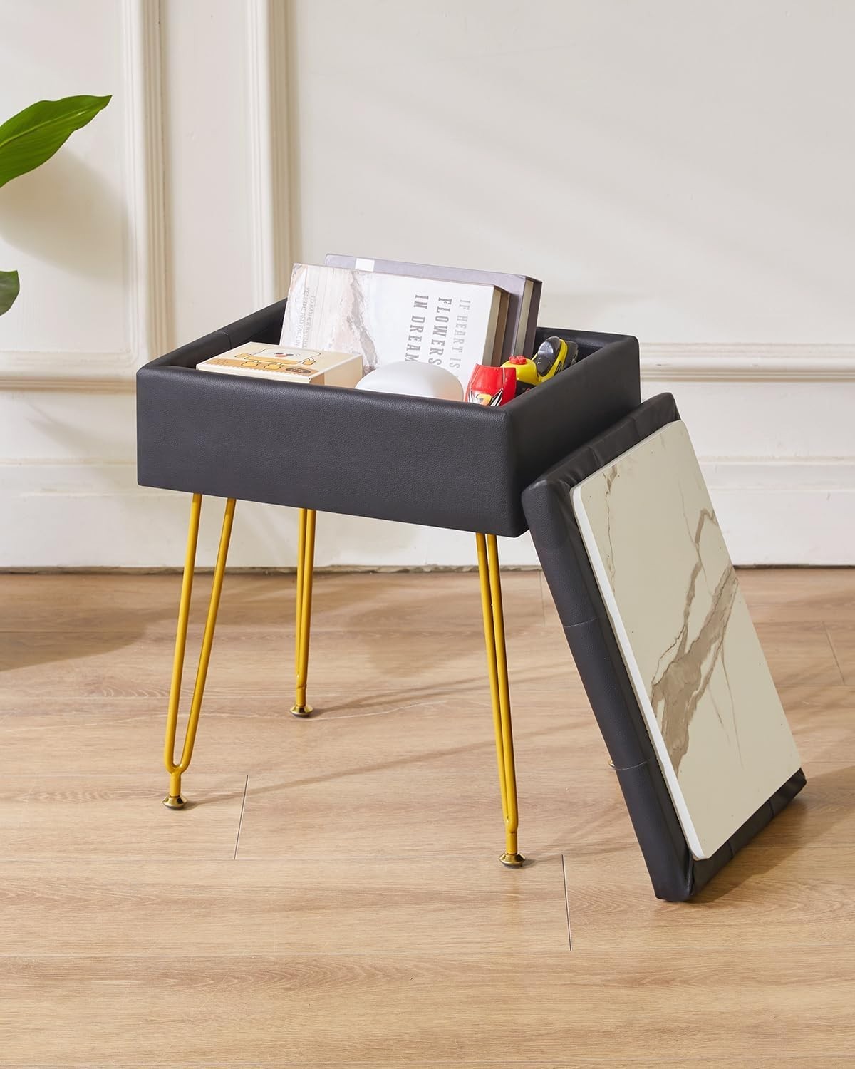 Black PU Leather Vanity Stool with Storage & Flip Tabletop – Metal Legs