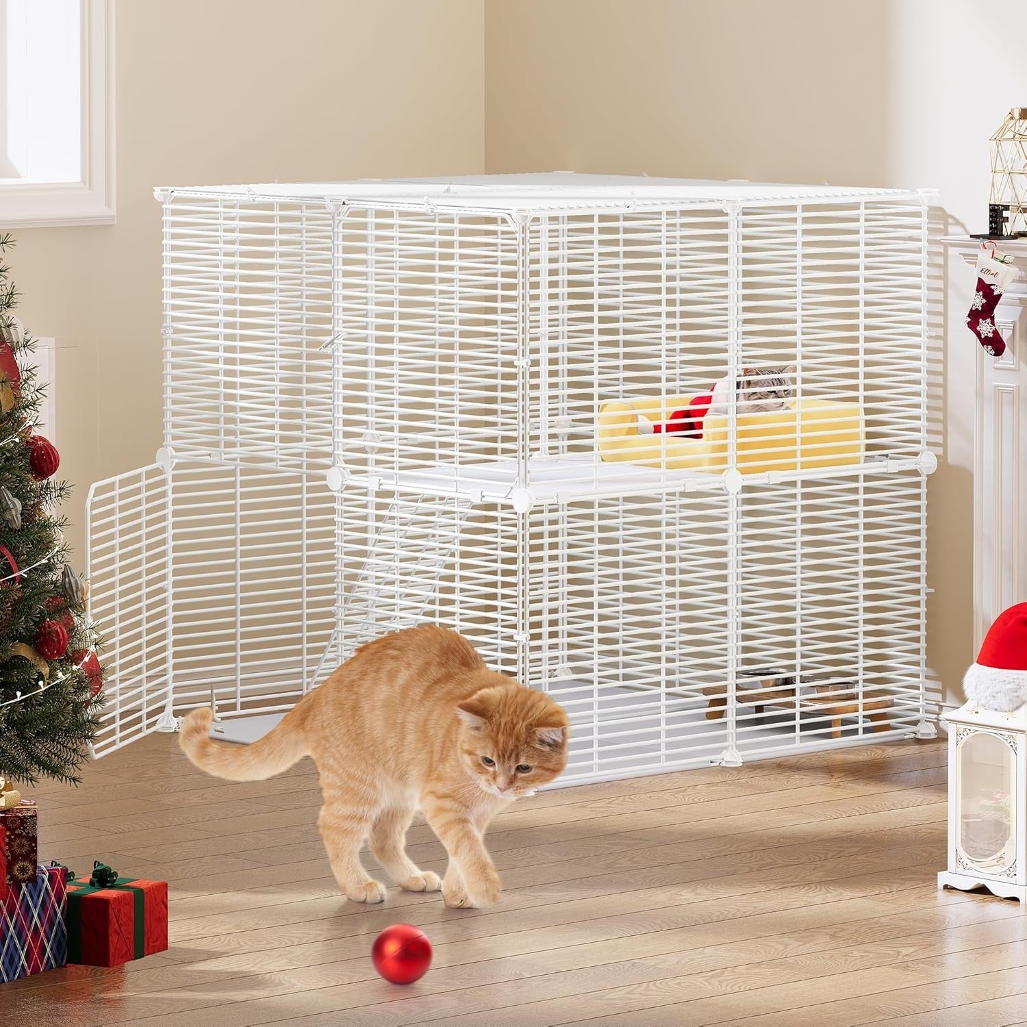 2-Tier Indoor/Outdoor Cat Cage Playpen with Ladder & 2 Doors, Sturdy Metal