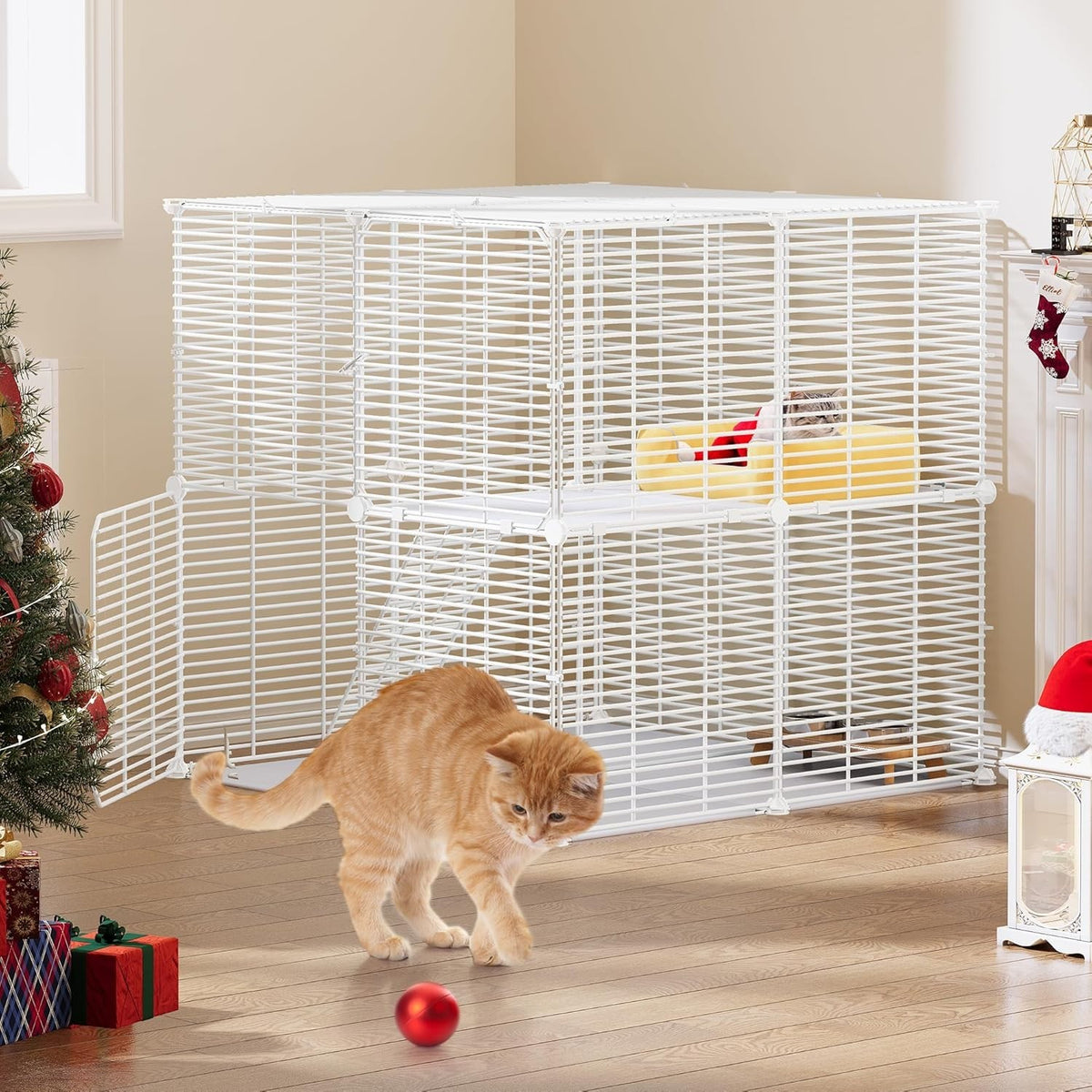 2-Tier Indoor/Outdoor Cat Cage Playpen with Ladder & 2 Doors, Sturdy Metal
