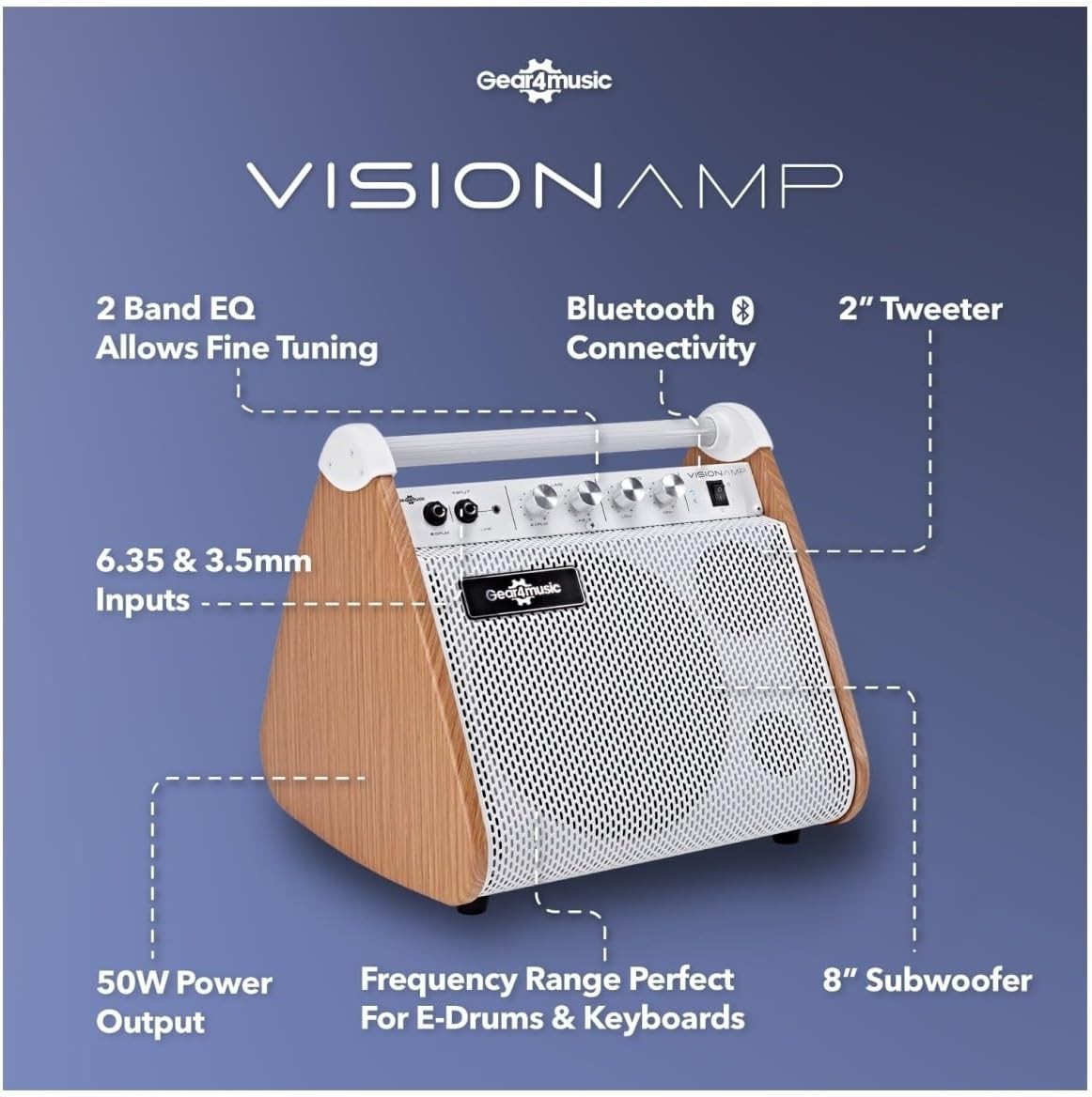 50W Drum Keyboard Amplifier White VISIONAMP Bluetooth EQ