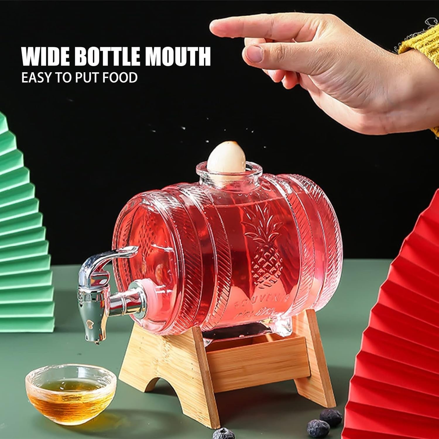 Luxury 1L Barrel Glass Drink Dispenser with Tap & Wooden Stand | Whiskey Beer Ju
