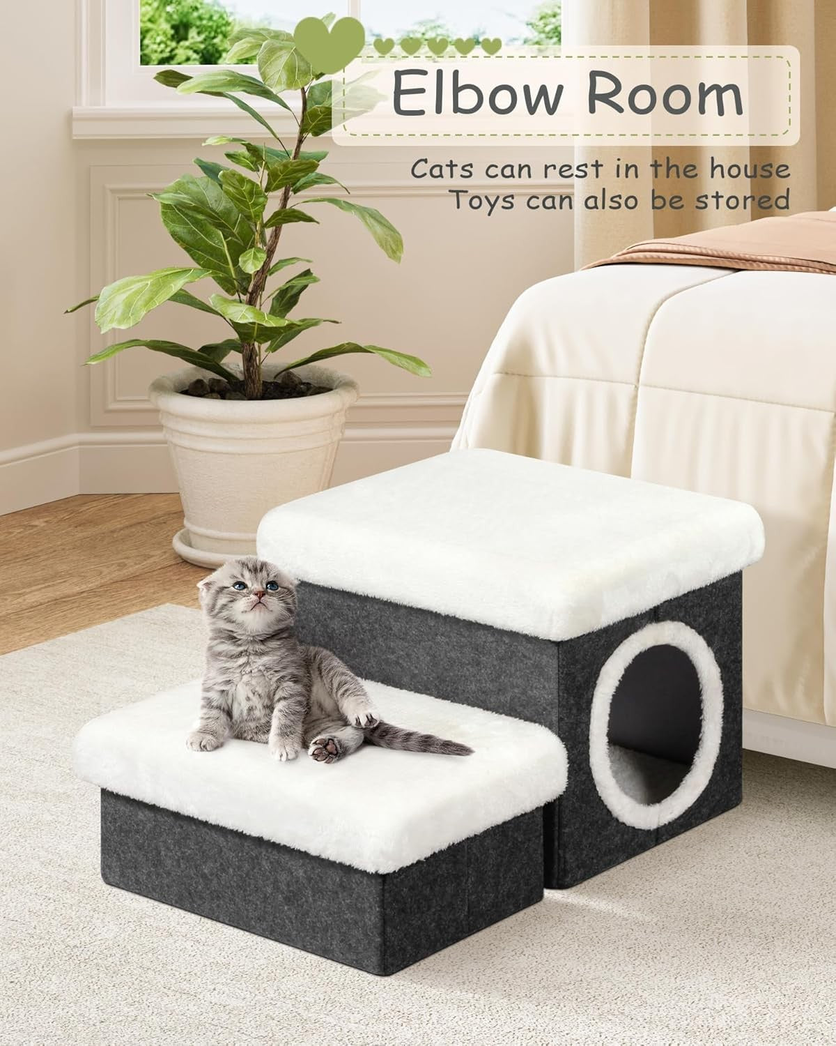 Foldable Cat & Dog Stairs 2-Tier Pet Steps with Storage 58x40x32cm