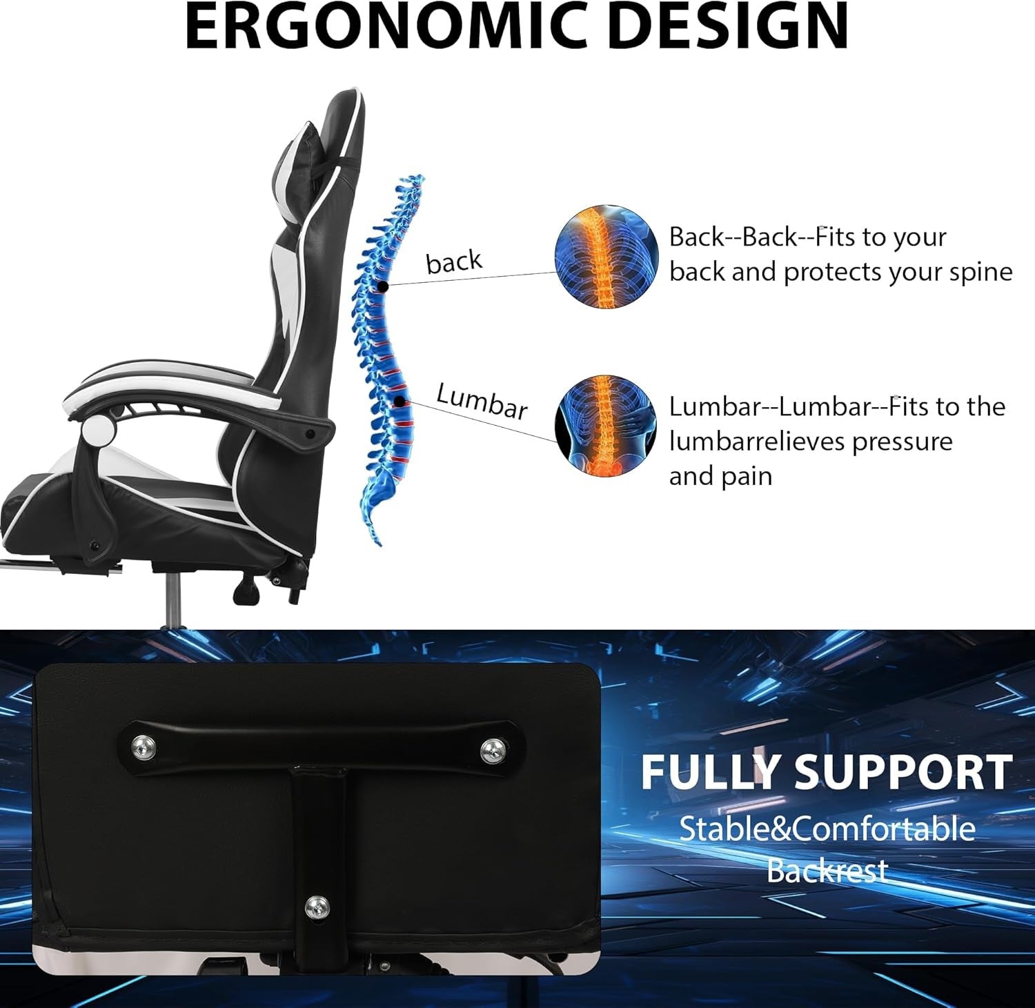 Ergonomic Gaming Chair Massage Reclining Footrest Black White