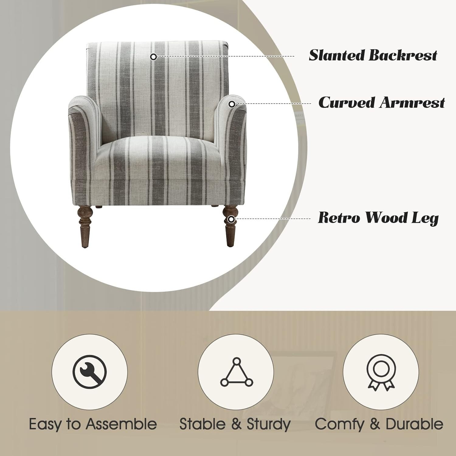 Set of 2 Striped Upholstered Armchair with Wooden Legs Lounge or Bedroom Grey