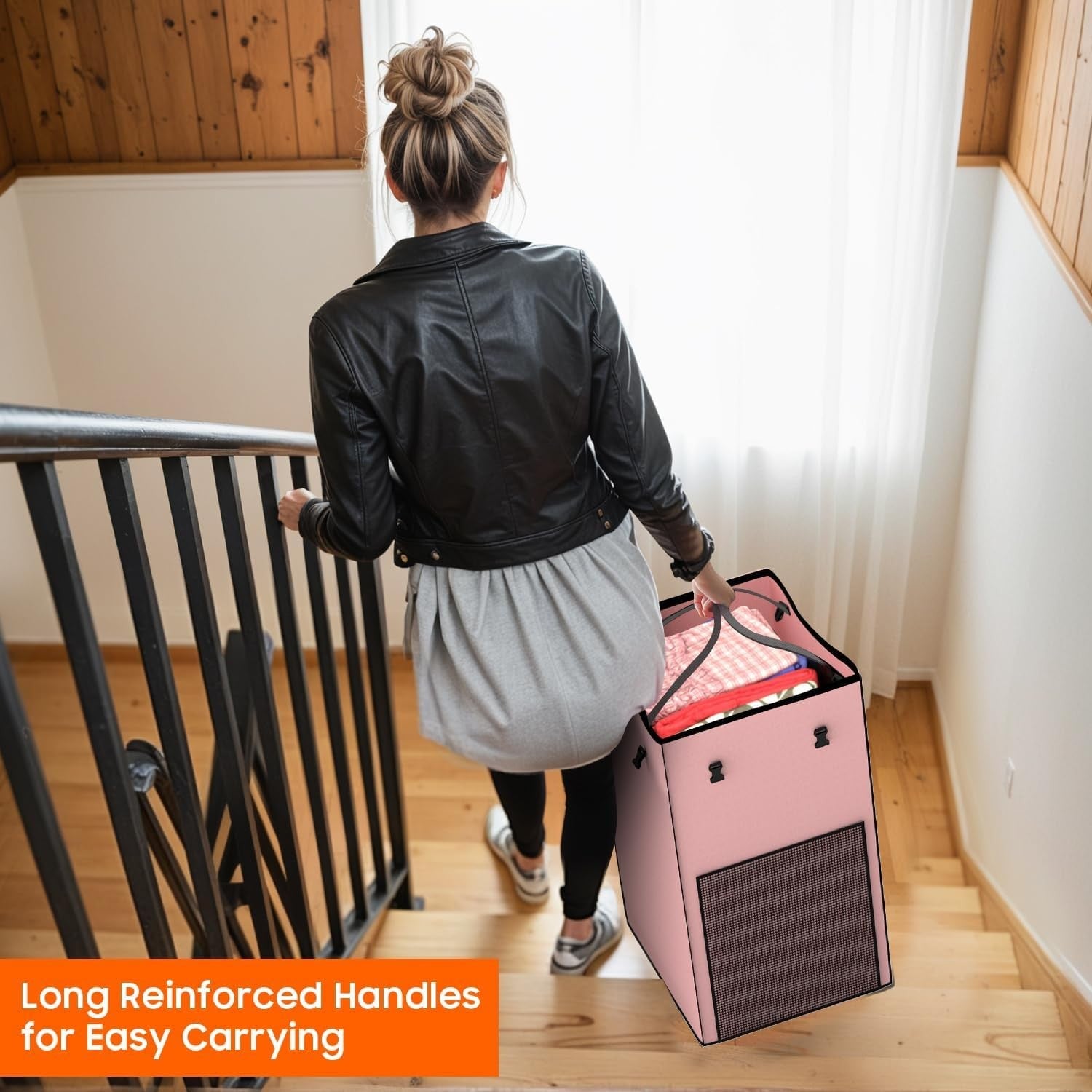 150L Tall Rolling Laundry Hamper Pink Metal Frame with Removable Bag & Wheels