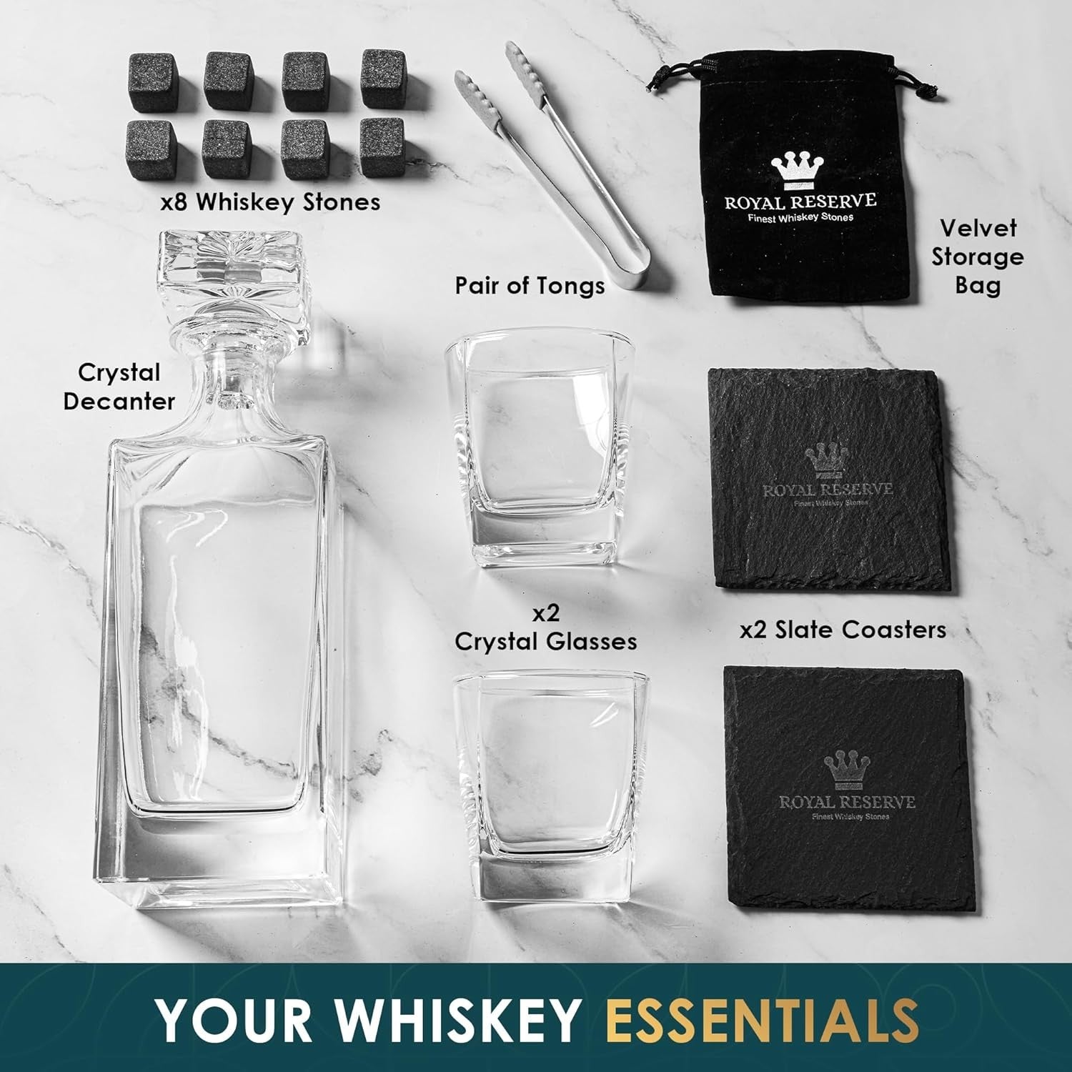 Luxury 1000ml Whisky Decanter Gift Set with Glasses Stones Tongs & Wooden Box