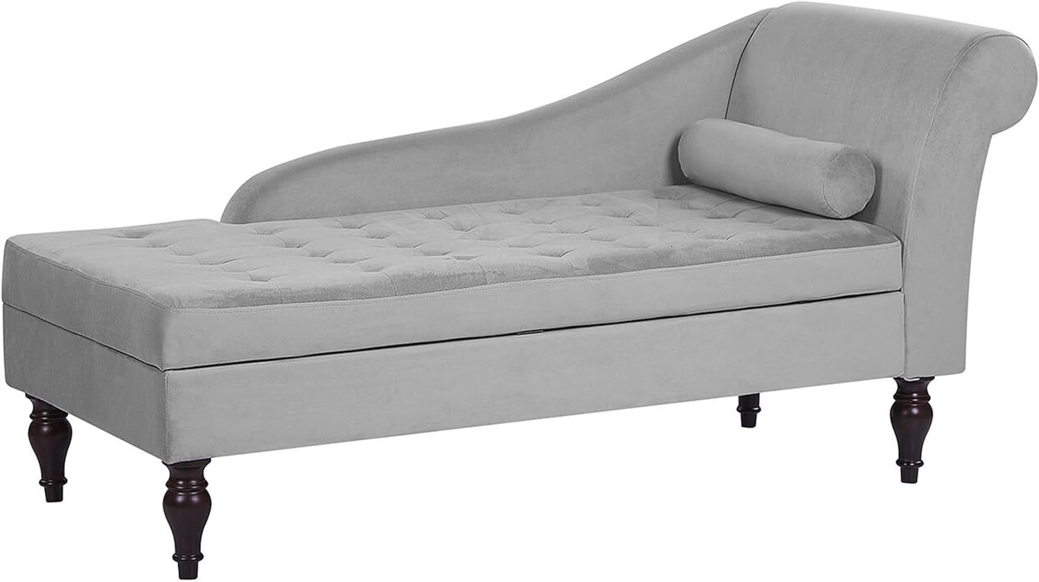 Velvet Storage Chaise Lounge Grey Tufted Back Wooden Legs Compact Design