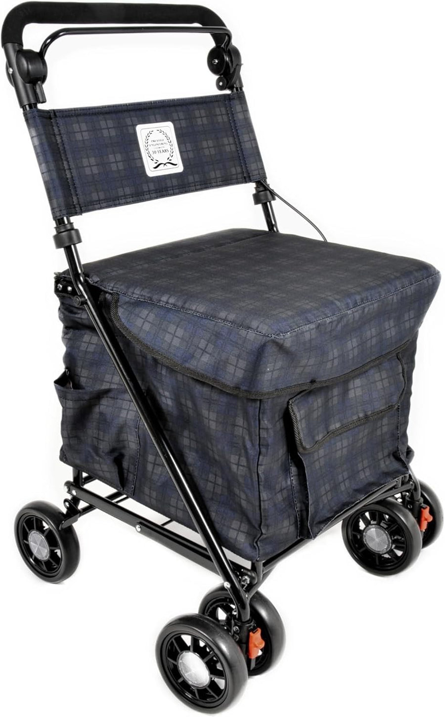 Navy Check 6-Wheel Walk & Rest Shopping Trolley – Padded Seat & Back