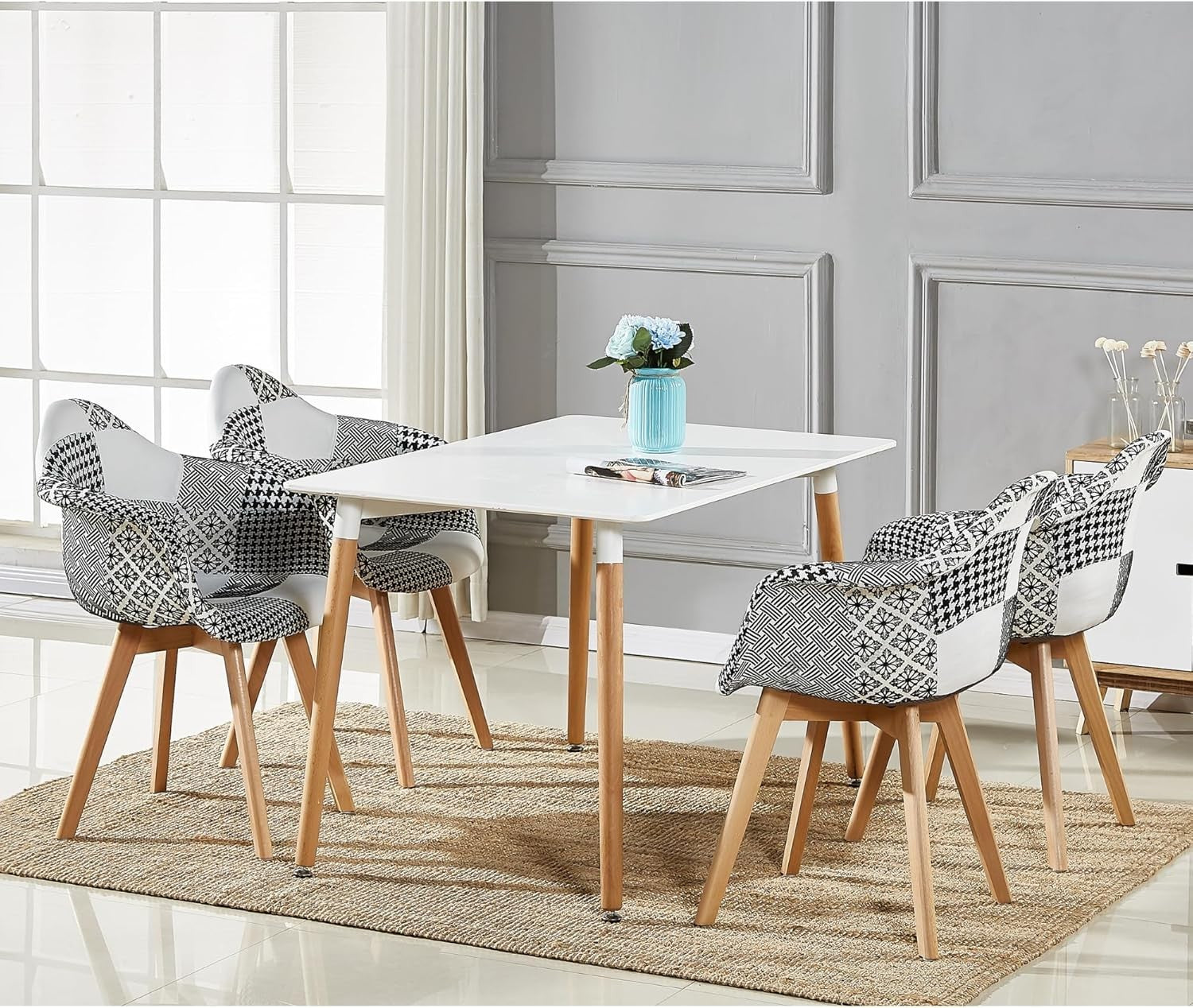 Black White Patchwork Dining Chair with Arms Wood Legs Fabric