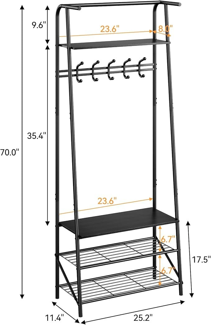 Black 4-in-1 Coat Rack with Shoe Storage & 5 Hooks Metal Hall Tree Stand
