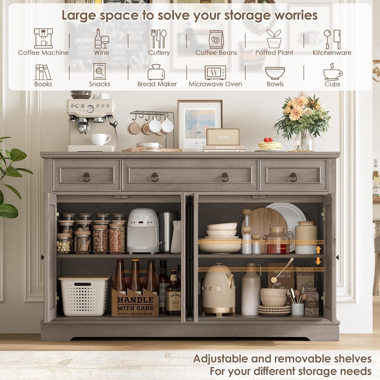 Grey Sideboard Cabinet 4 Door 3 Drawer Storage Unit for Dining Kitchen**