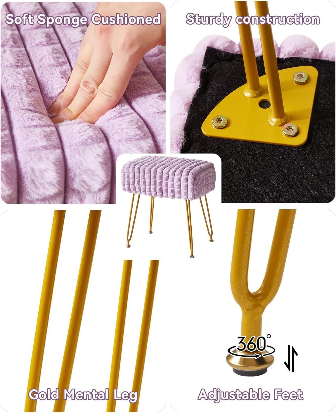 Purple Velvet Footrest Ottoman – Golder Legs, Compact Vanity Stool & Side Table