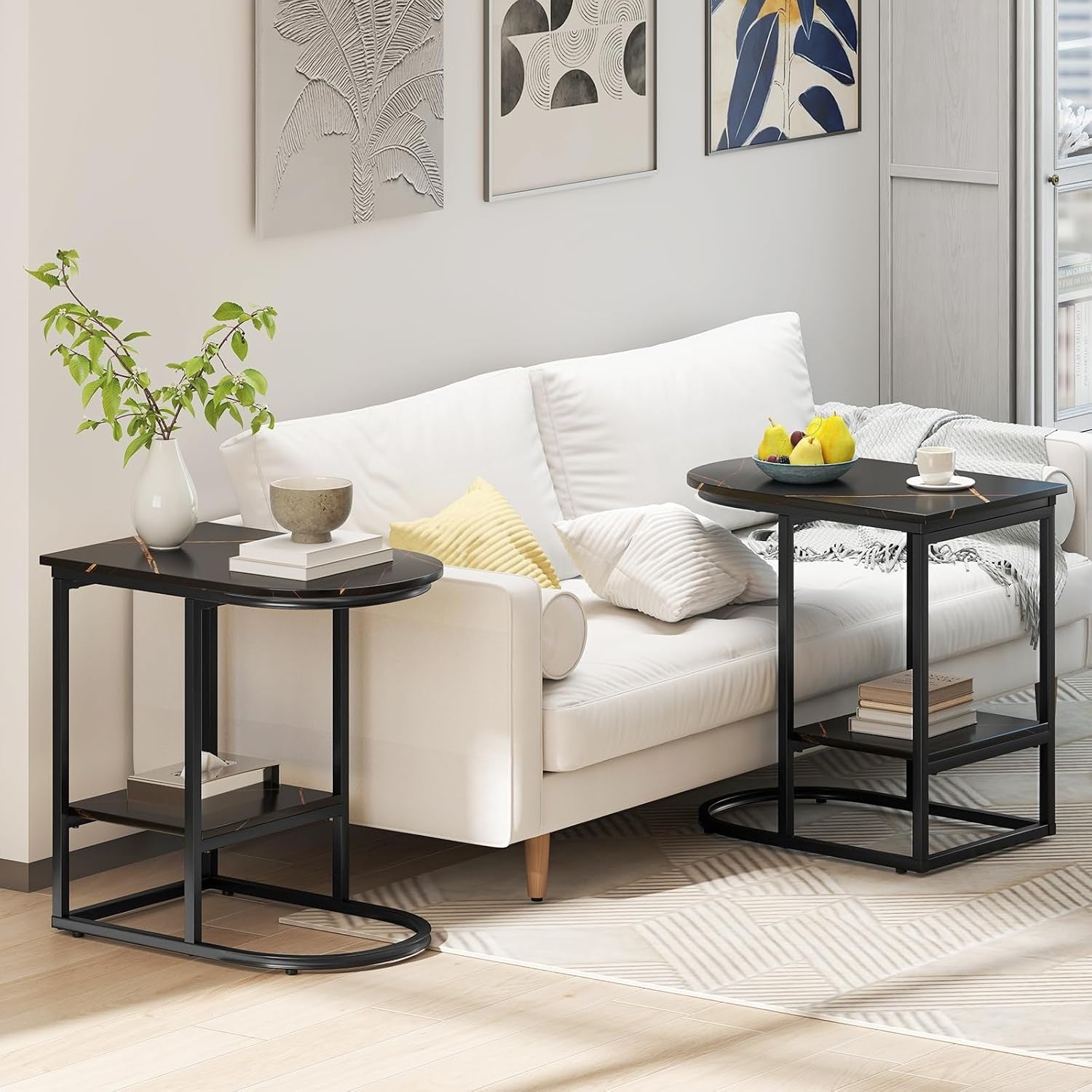 Modern C-Shaped Side Table with Faux Marble Top & Storage Shelf – Slim Overbed S