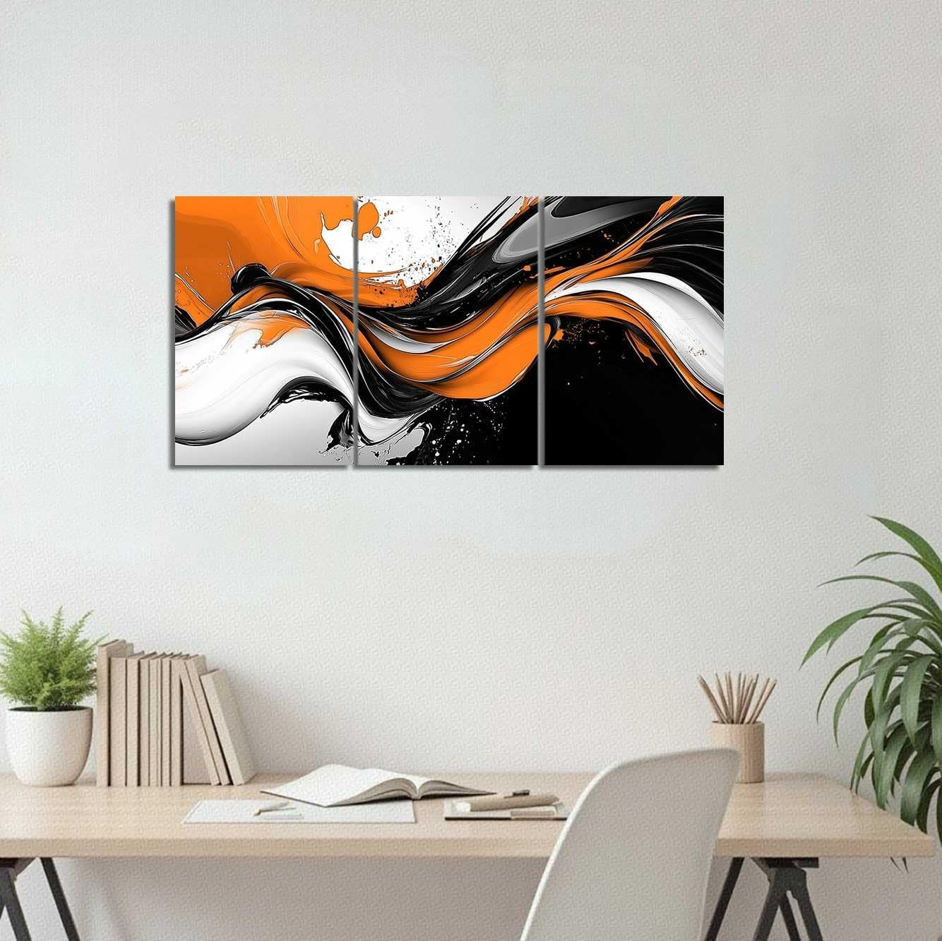 3-Piece Abstract Canvas Wall Art 11x14 in Black White Orange Modern Decor