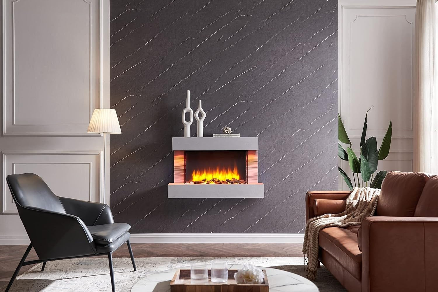 Wall Mounted Electric Fireplace 39” Grey LED Flame Heater Remote