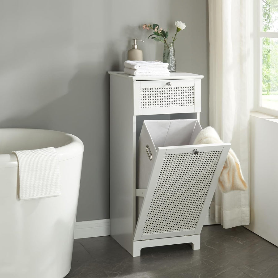 Laundry Cabinet With Fold Out Basket Slim Bathroom Storage Unit White Rattan