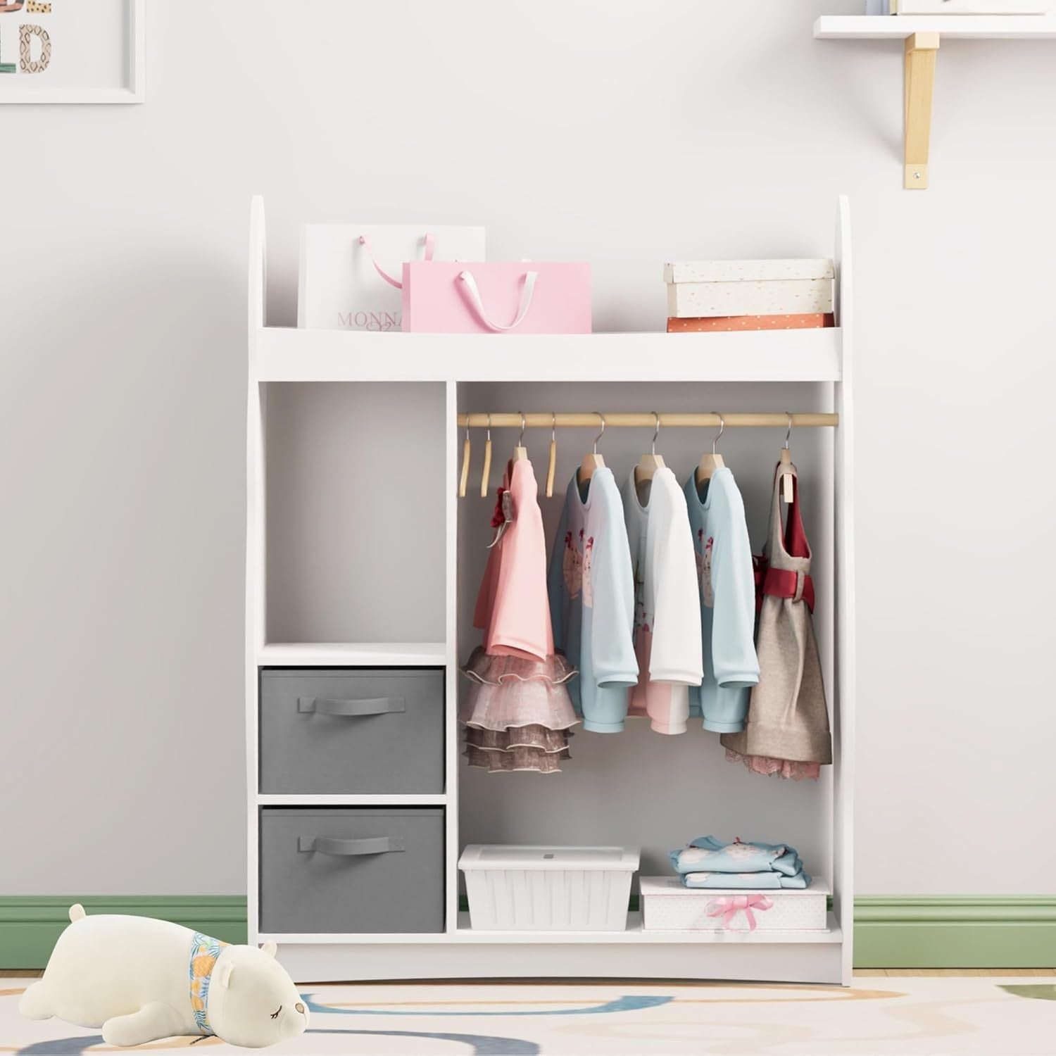 Kids Wardrobe with Mirror, Hanging Rail & 2 Drawers, White Cloud Design