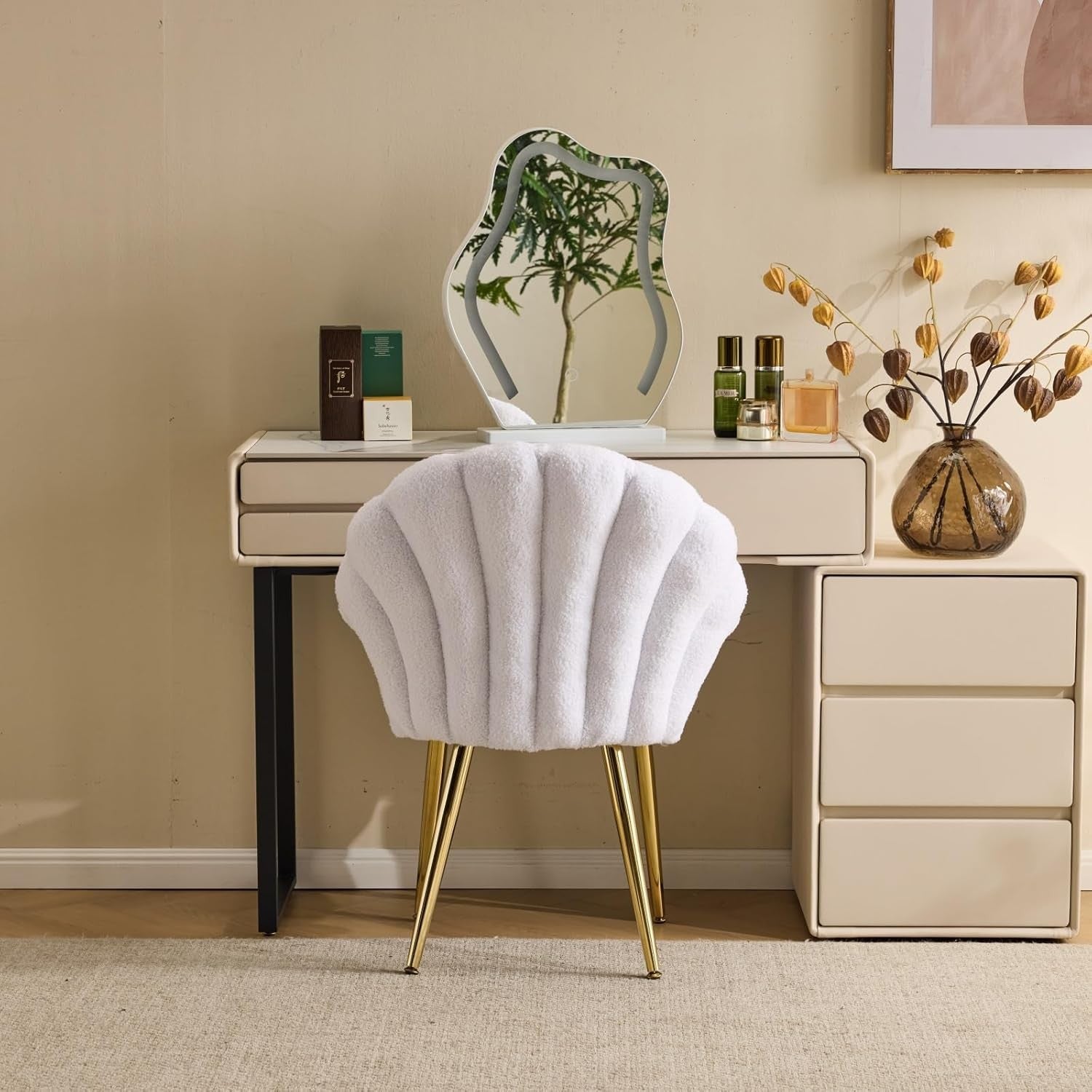 Pearl White Teddy Accent Chair Gold Legs Vanity Dressing Table
