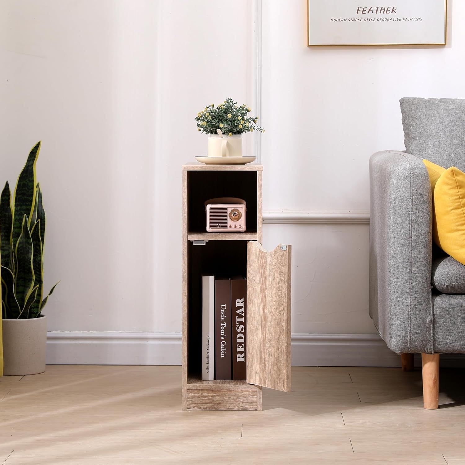 Slim Walnut Bedside Table with Shelf, Narrow Side Cabinet for Small Bedrooms