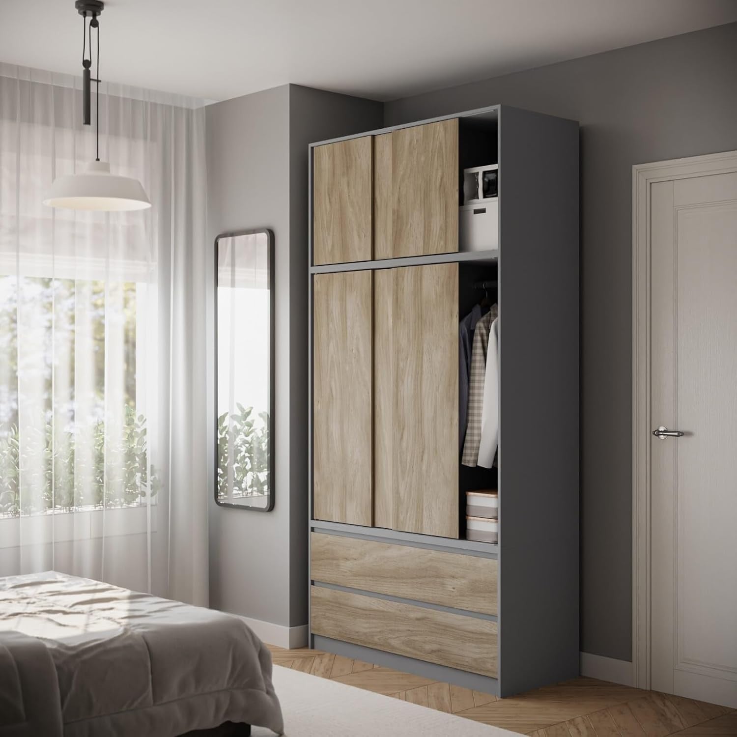 Oak Sliding Wardrobe 240cm 6 Doors 4 Drawers Bedroom Closet Storage Unit