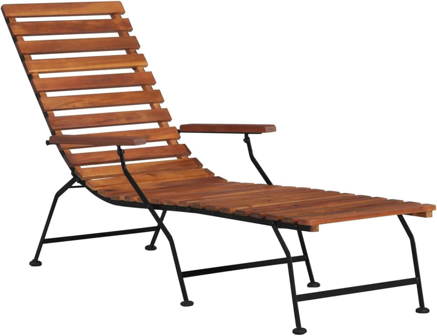 Solid Acacia Wood Garden Deck Chair – Outdoor Sun Lounger w/ Arm & Footrest