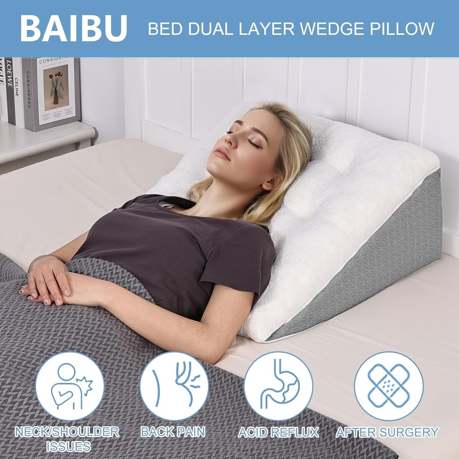 Memory Foam Bed Wedge Pillow Sleeping Support for Acid Reflux & Back Pain