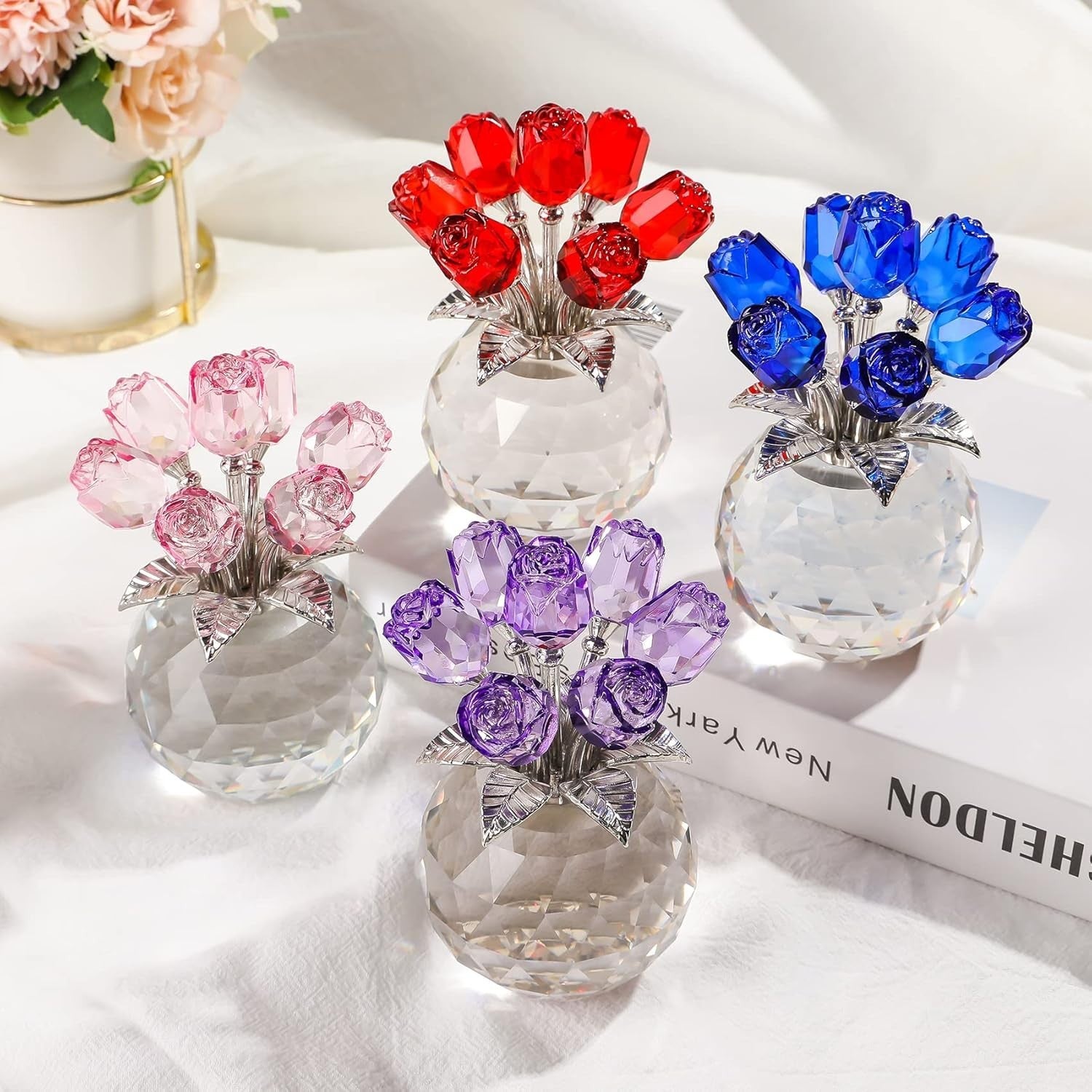 Pink Crystal Rose Bouquet Ornament in Round Vase Gift for Women Wife Birthday