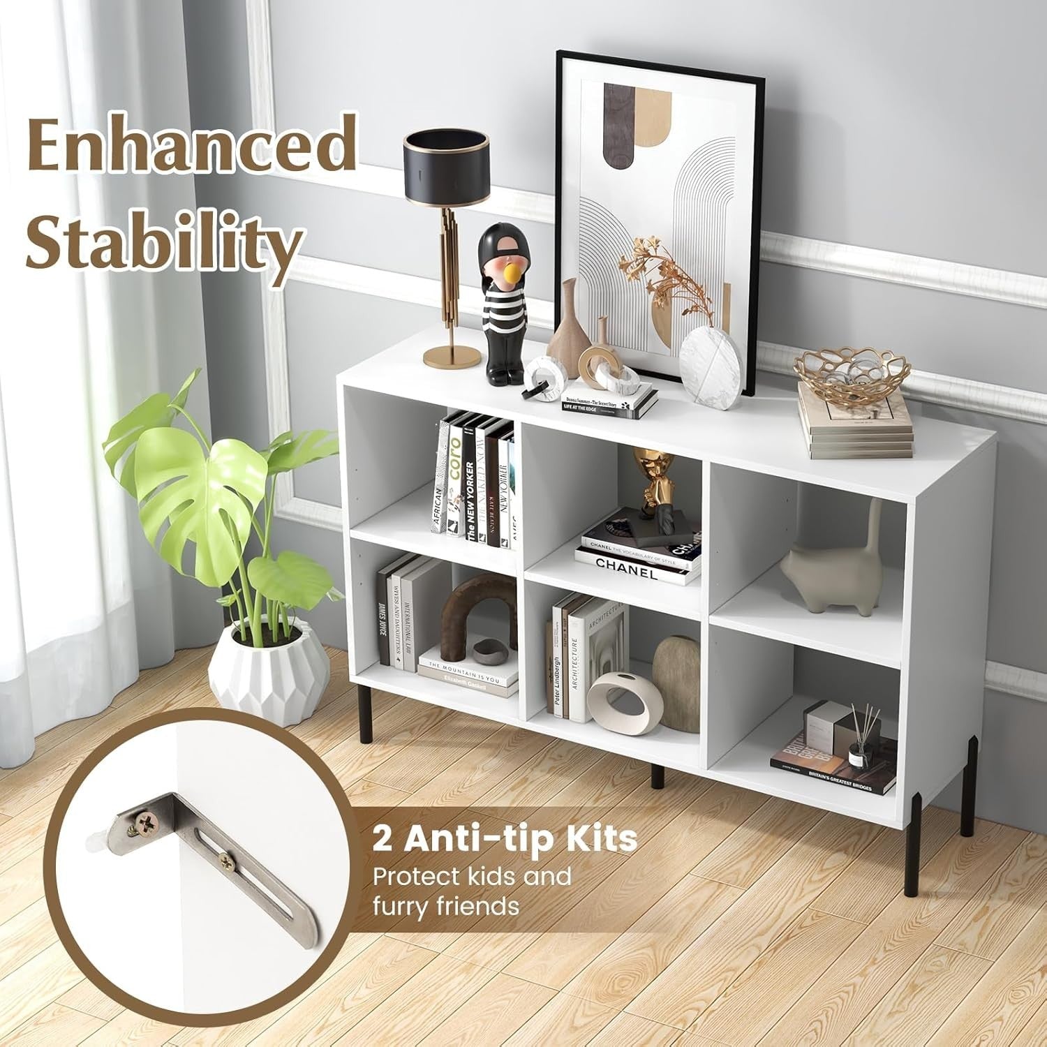 White 6-Cube Adjustable Storage Bookcase with Metal Legs 120x35x78cm