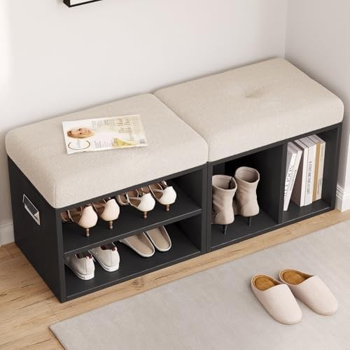2-Piece Shoe Bench Cushioned Seat 2-Tier Storage Rack with Handles Black 100cm
