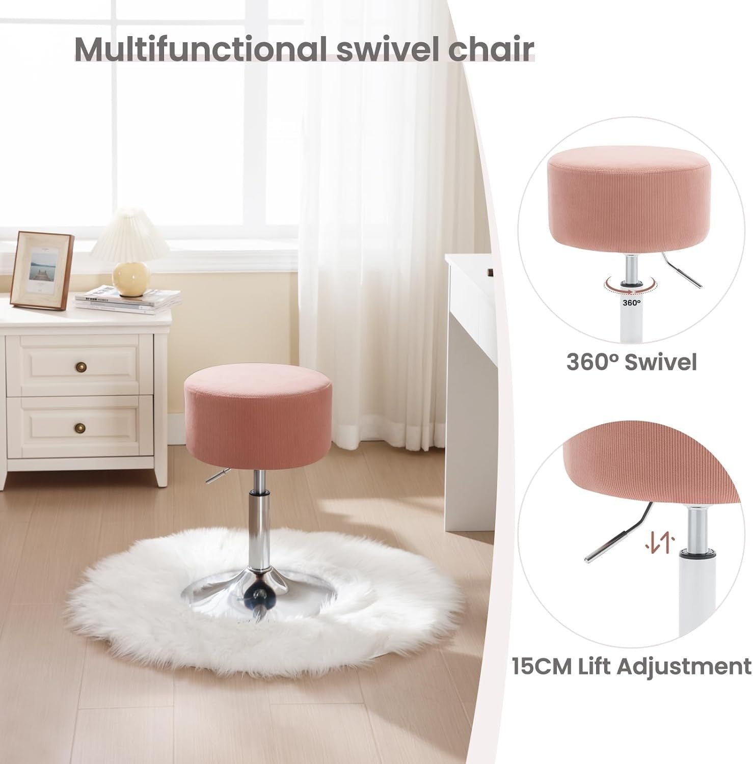 Set of 2 Pink Corduroy Swivel Stools Height Adjustable Round Vanity Seats