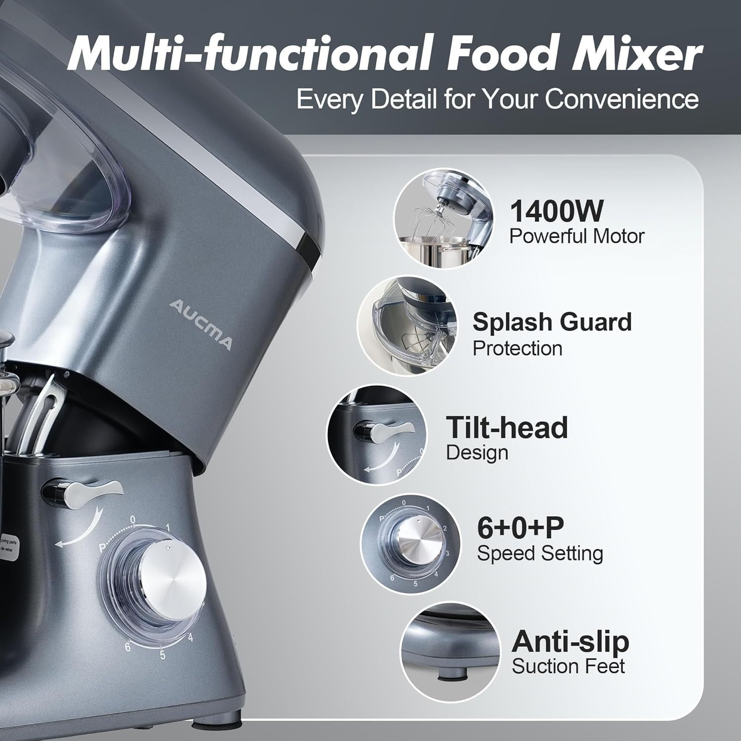 Powerful 7.5L Stand Mixer 6 Speed Kitchen Dough Hook Whisk Beater 1400W