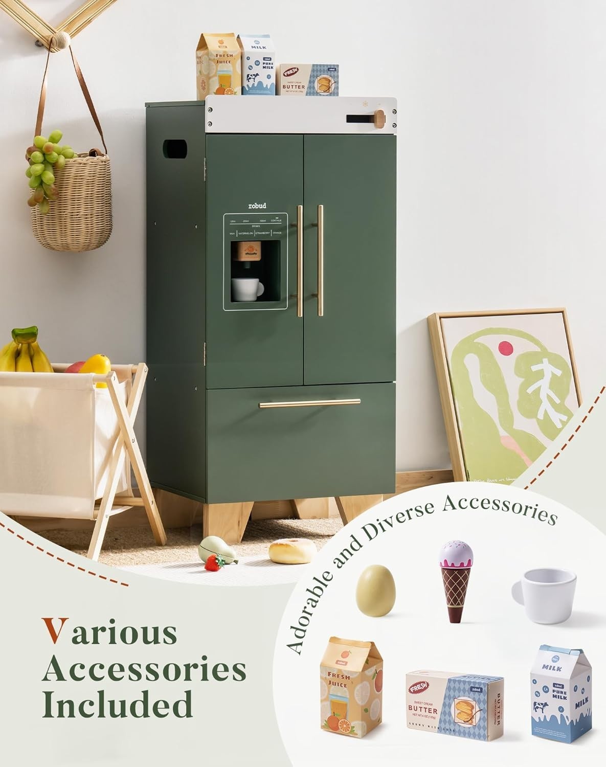 Wooden Kids Toy Fridge Vintage Green Pretend Kitchen Refrigerator