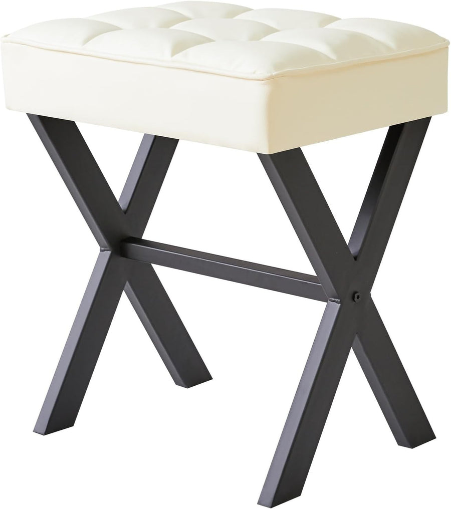 White PU X-Leg Vanity Stool – Square Makeup Seat & Footrest for Bedroom