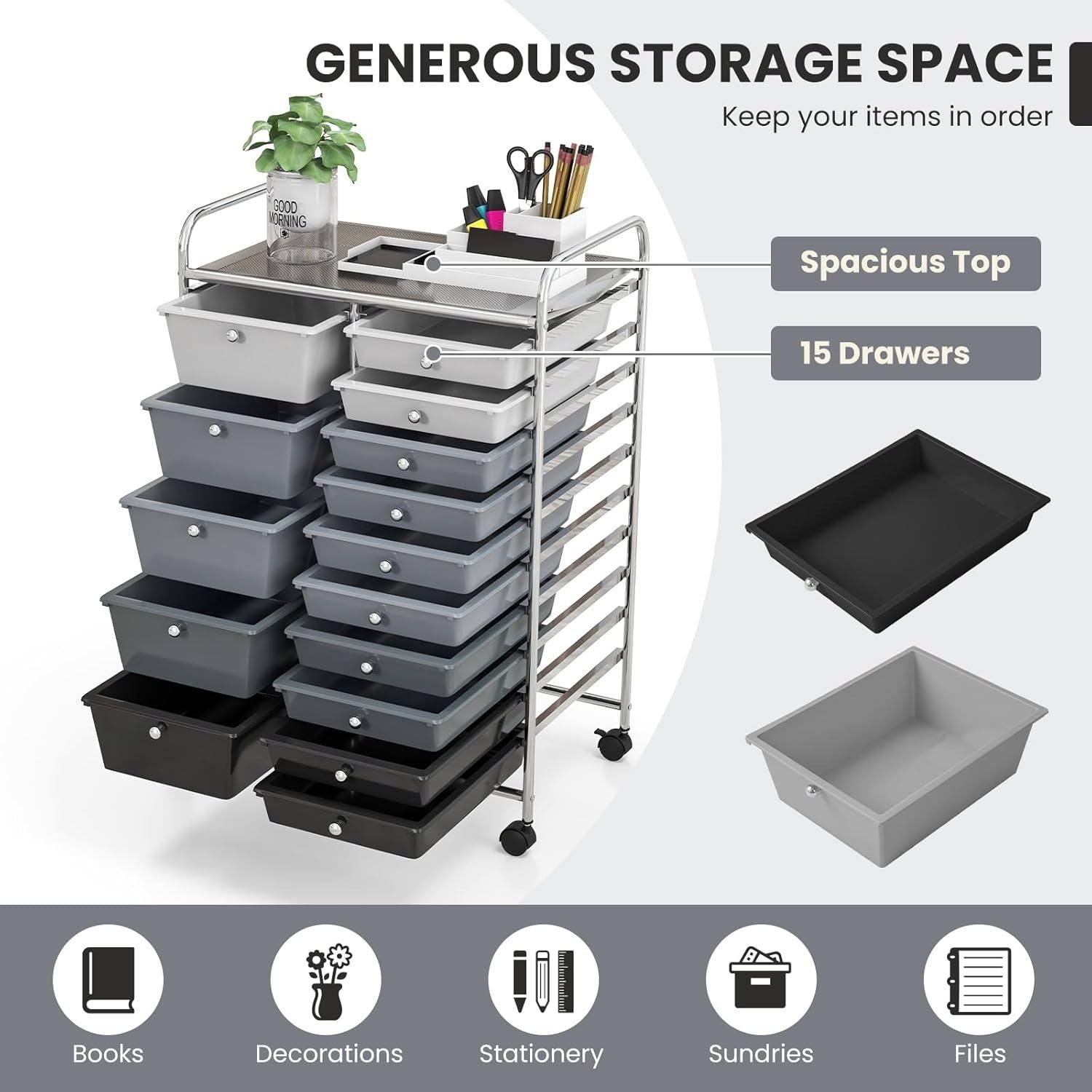 15 Drawer Rolling Storage Trolley Gradient Black Utility Organizer Cart