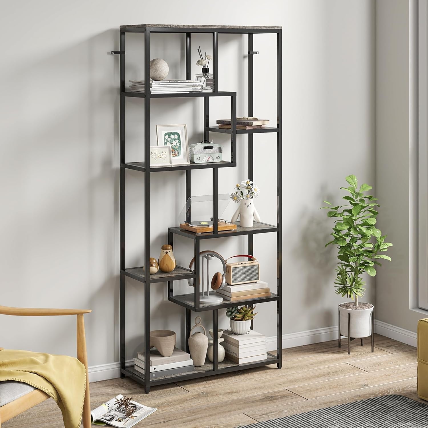 7-Tier Industrial Bookcase | Grey & Black Geometric Shelf Unit for Home & Office