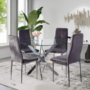 Round 100cm Glass Dining Table 4 Velvet Chairs Modern Kitchen Set