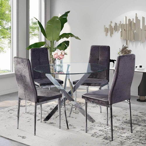 Round 100cm Glass Dining Table 4 Velvet Chairs Modern Kitchen Set