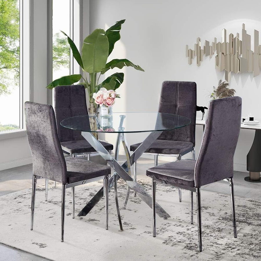 Round 100cm Glass Dining Table 4 Velvet Chairs Modern Kitchen Set