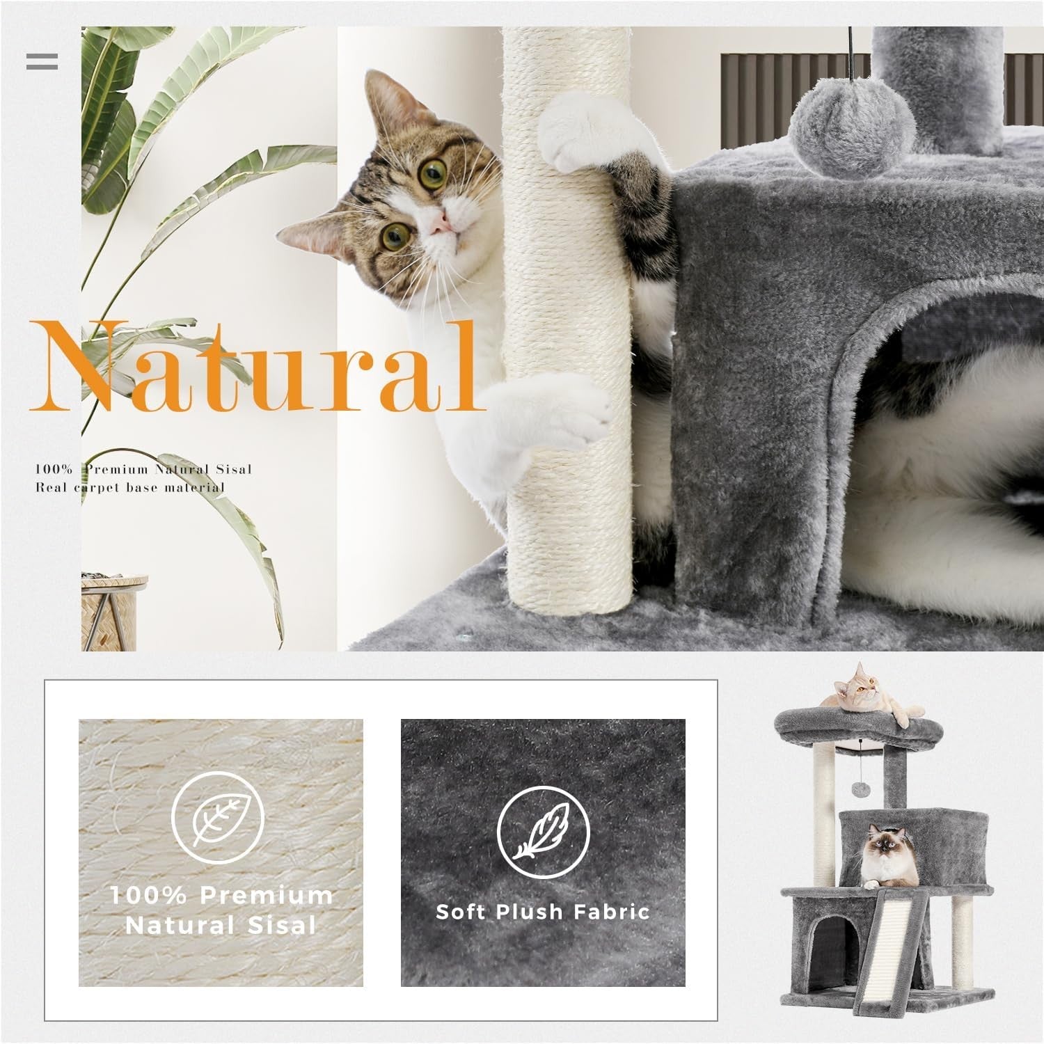 90cm Cat Tree Tower Double Condo Scratching Posts Plush Perch Grey