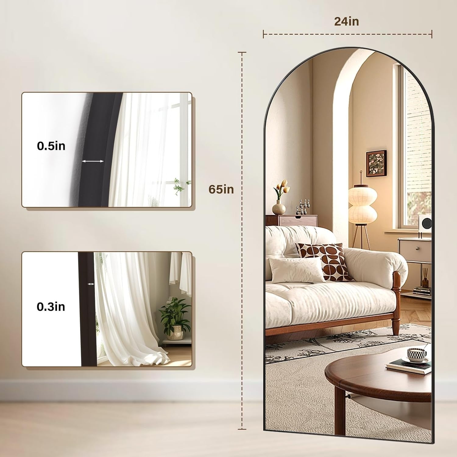 Full-Length Arched Mirror 165x60cm Shatterproof with Aluminum Frame
