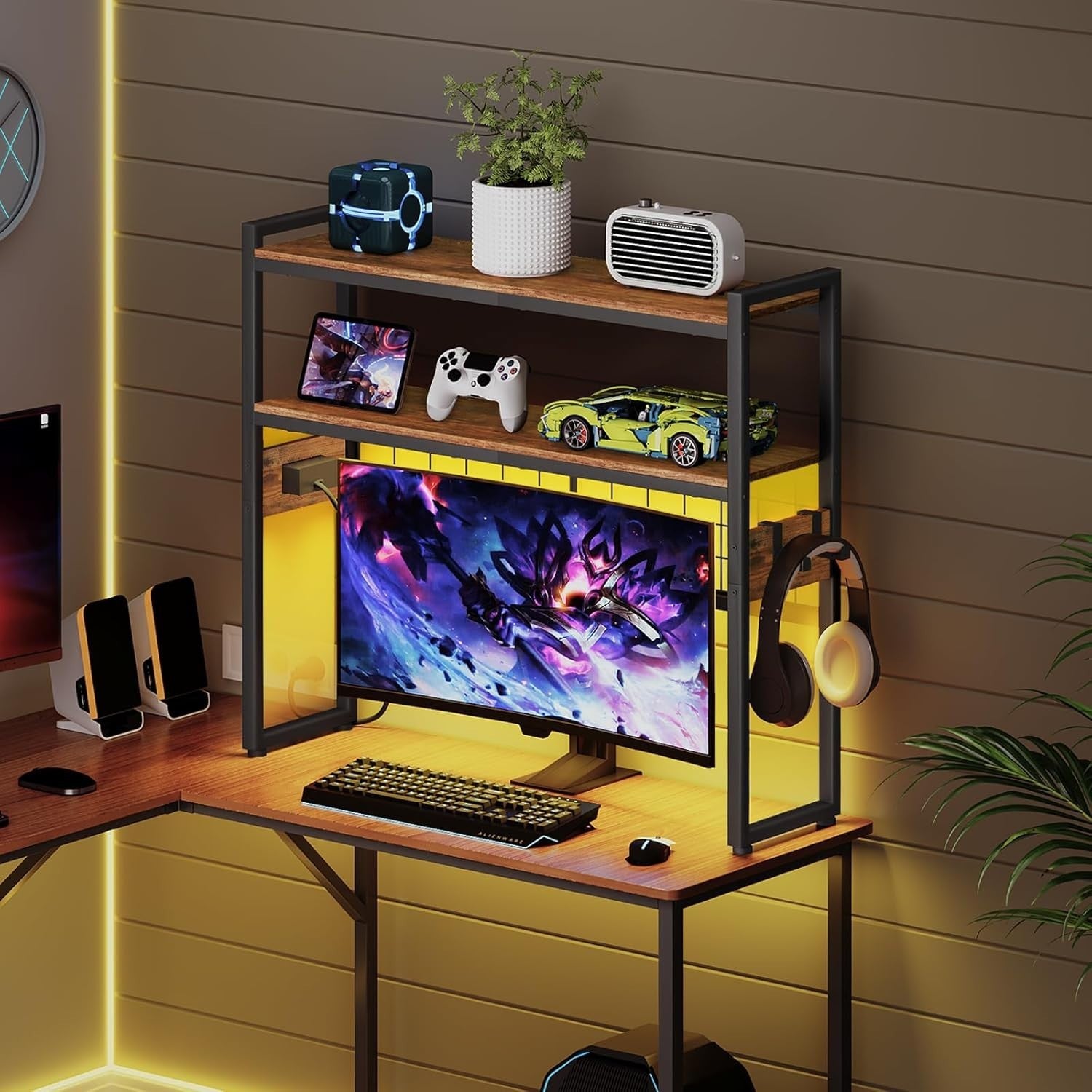 76cm Rustic Desk Hutch – 2-Tier Desktop Bookshelf w/ Outlets & LED Lighting