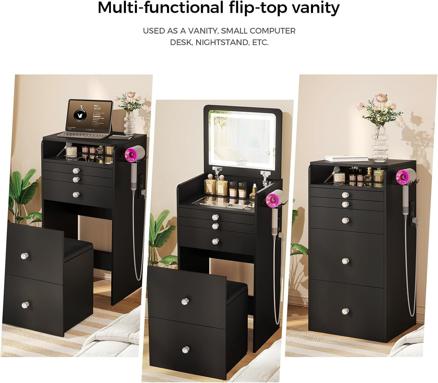 Vanity Makeup Desk w/LED Mirror USB Charging Station Small Spaces