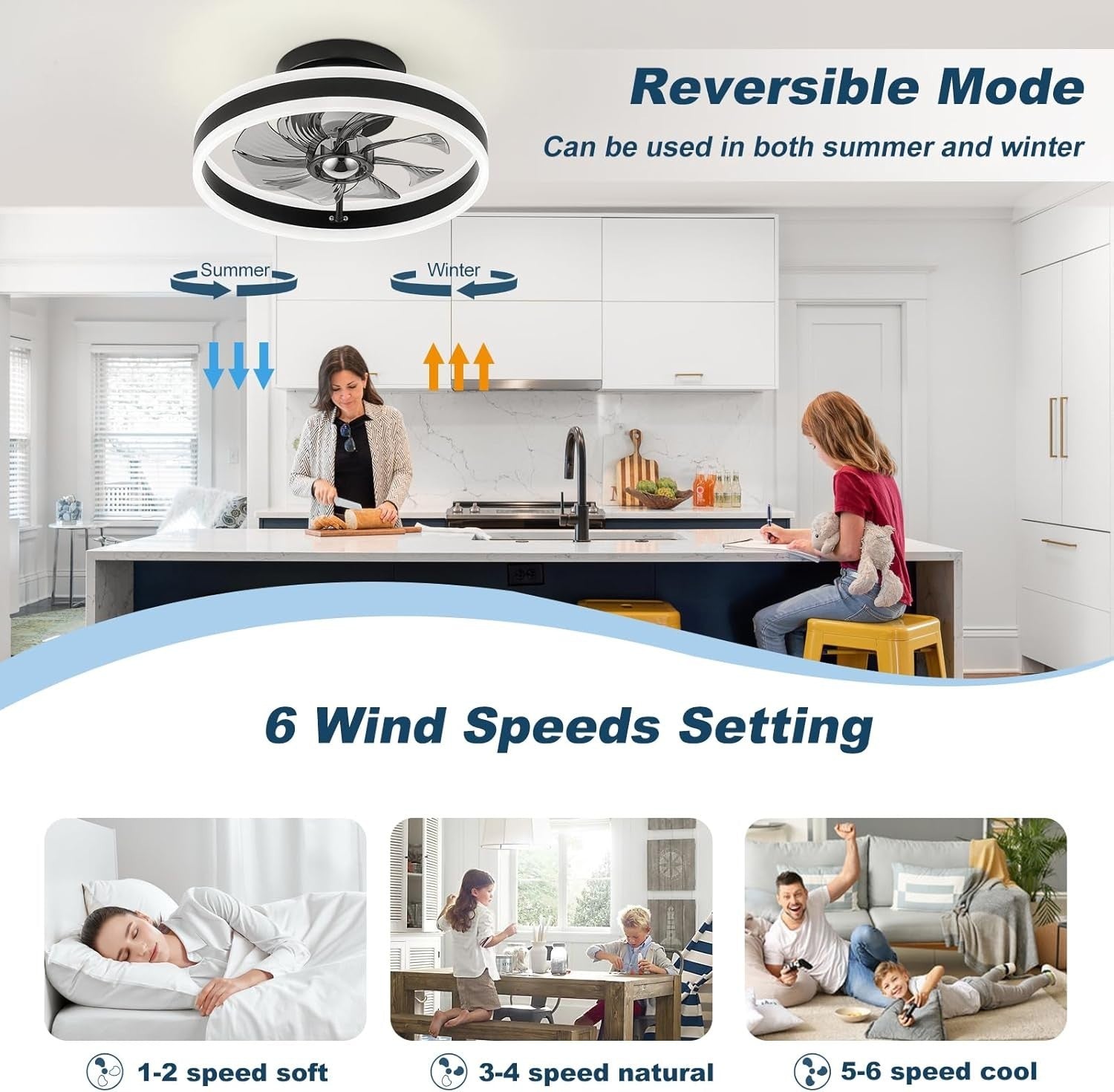 Bellanny 48CM Ceiling Fan, 6 Speeds, Dimmable LED, Reversible, Quiet Motor