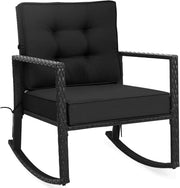 Outdoor Rattan Rocking Chair Black with Cushions, Armrests & Iron Frame