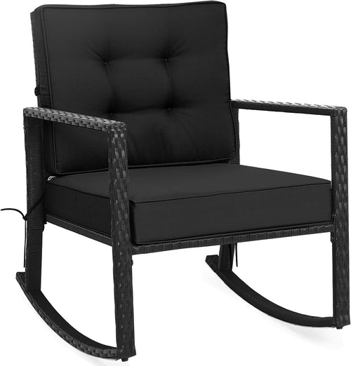 Outdoor Rattan Rocking Chair Black with Cushions, Armrests & Iron Frame