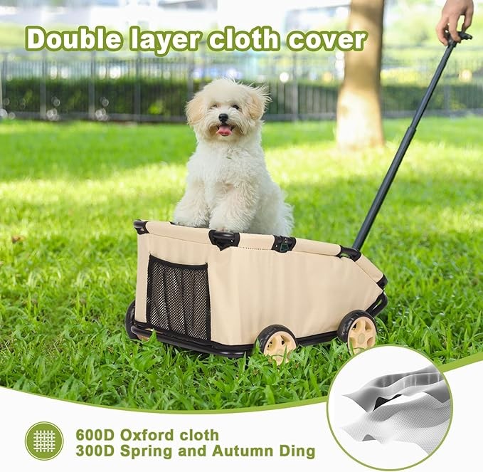 Pull Along Pet Wagon Mini Dog Travel Cart Foldable Wheels Khaki