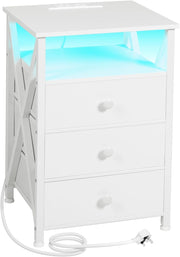 White LED Bedside Table with Charging Station | 3 Drawer Nightstand