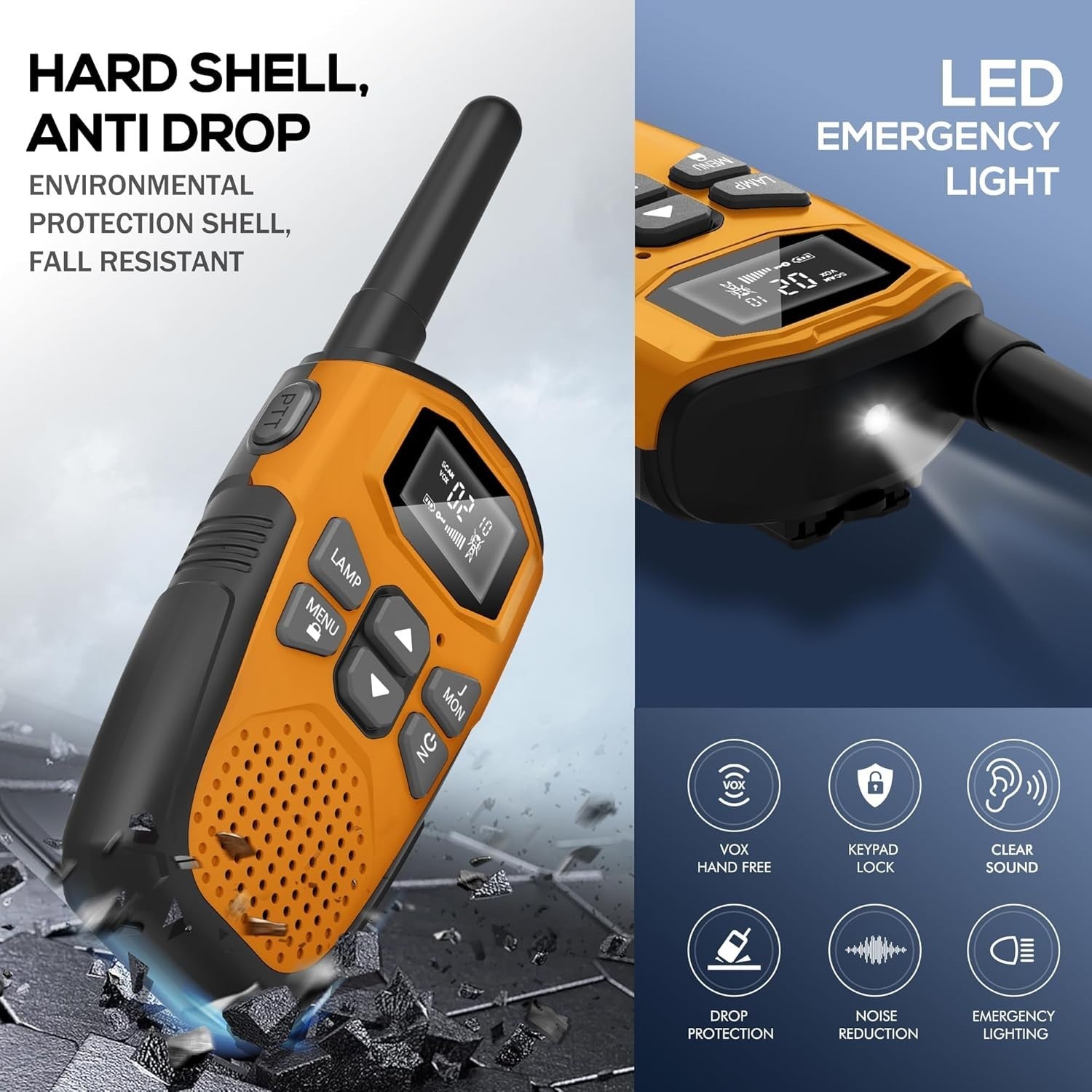 Long Range Walkie Talkies Rechargeable 2 Pack VOX 16 Channel USB-C