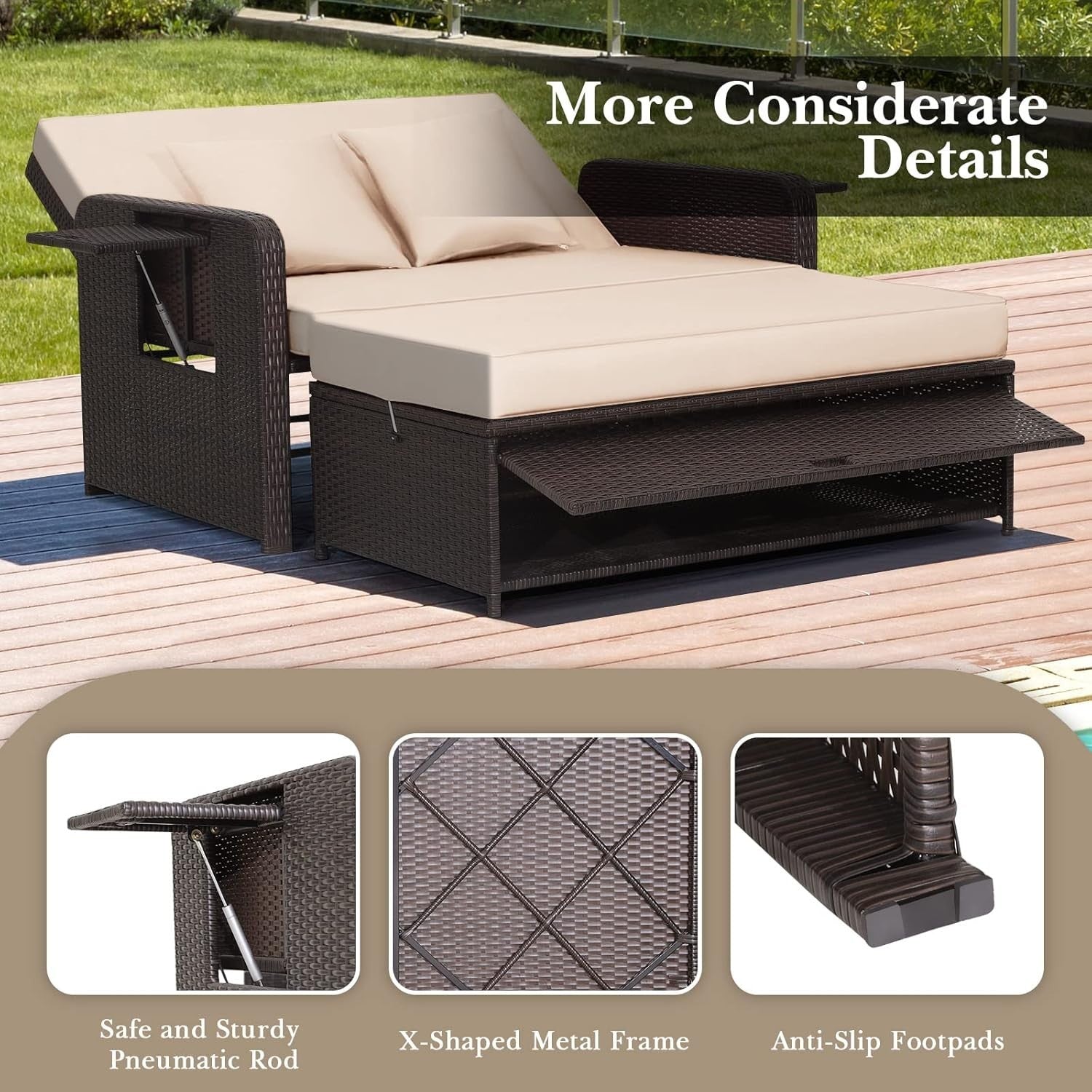 Beige+Brown 2-Seater Rattan Daybed Outdoor with Adjustable Back & Ottoman