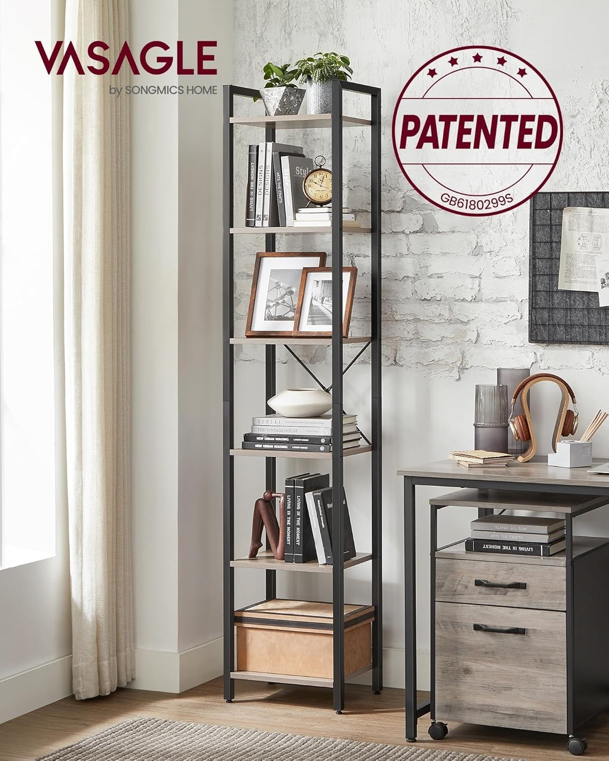 6-Tier Industrial Bookshelf 187.5cm Tall Slim Storage Unit Heather Greige